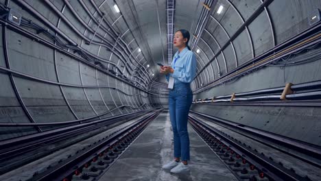 full body side view of asian female worker with her phone in underground subway tunnel, she observes by looking around before she come to concentrating with her smartphone
