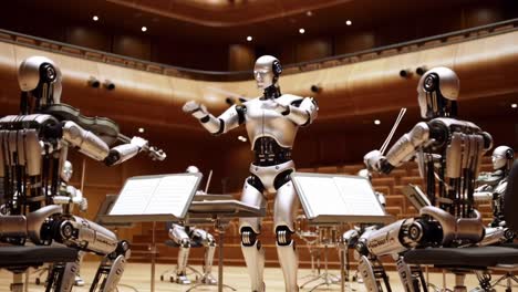 a futuristic orchestra conducted by robots: celebrating the intersection of technology and music in a state-of-the-art concert hall