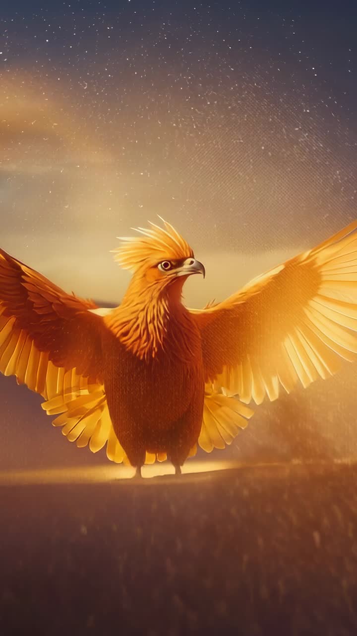 Video verticale: bagliore crescente che spinge l'uccello dorato ad aprire le ali e a camminare sulla duna, con braci fluttuanti