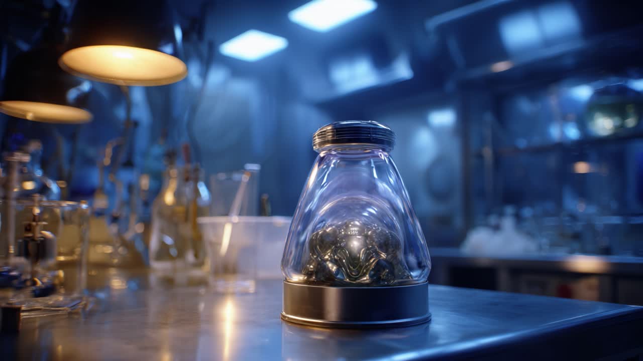 En fängslande vy av en glasbehållare som rymmer mystiska metalliska klot, omgiven av laboratorieutrustning, belyst av varm belysning i en vetenskaplig miljö