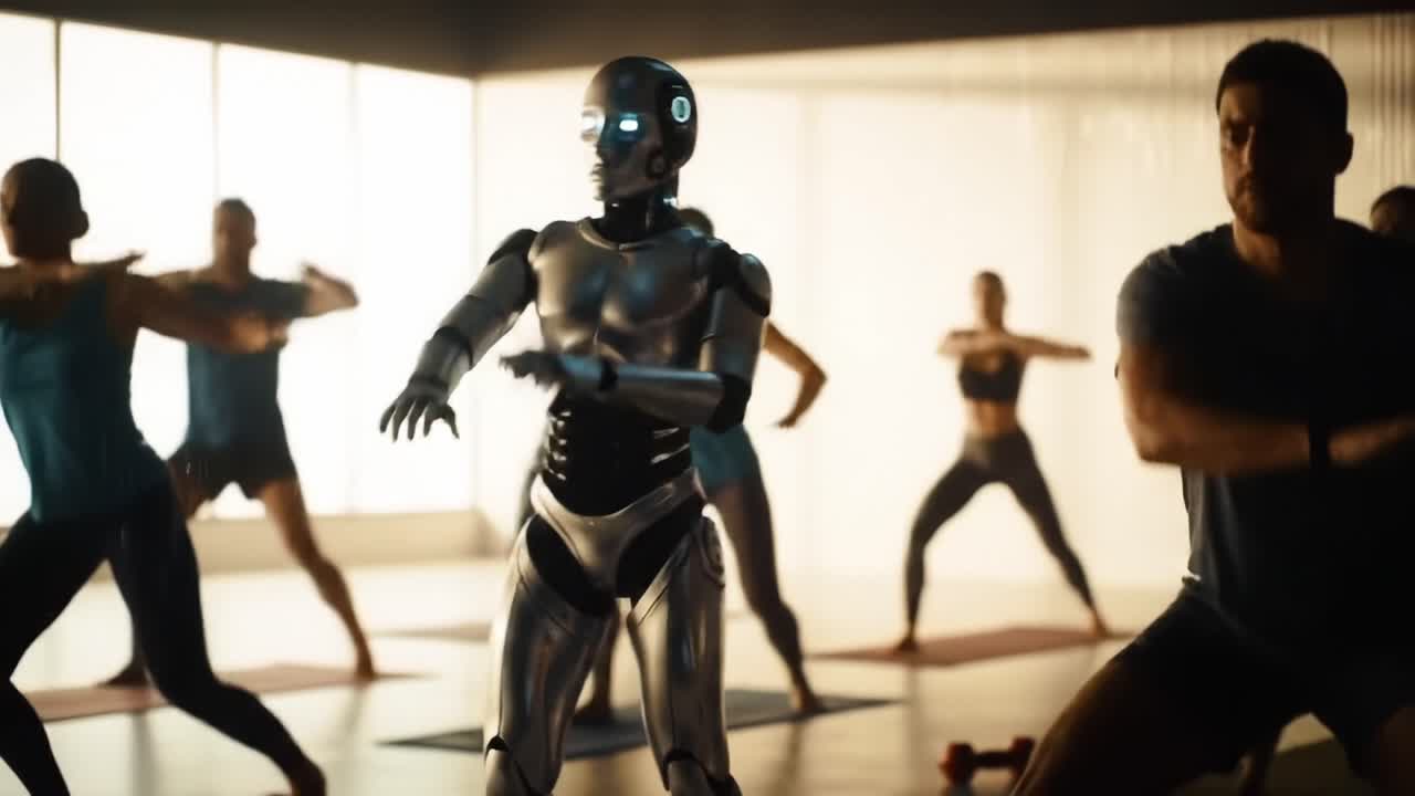 A futuristic fitness class featuring a humanoid robot, as it observes and participates in a dynamic workout with human participants in a modern studio setting
