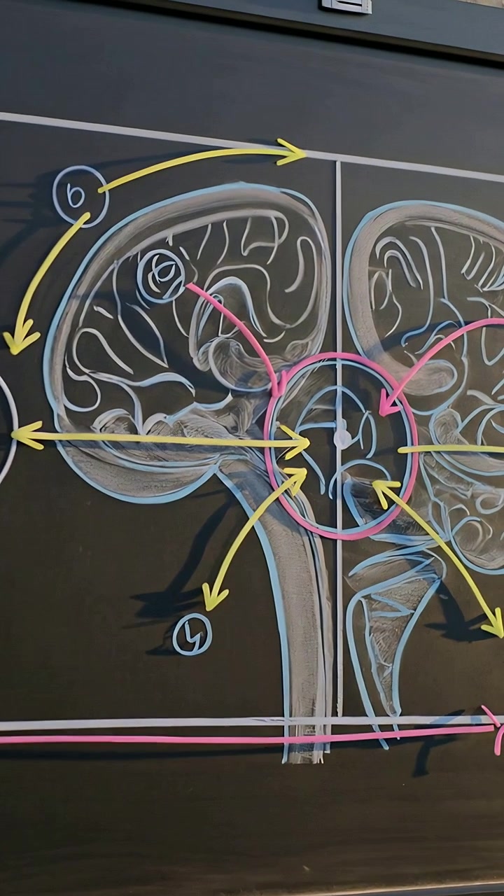 Vertical video: Recording, camera panning right and zooming on brain drawing in class, showing hub