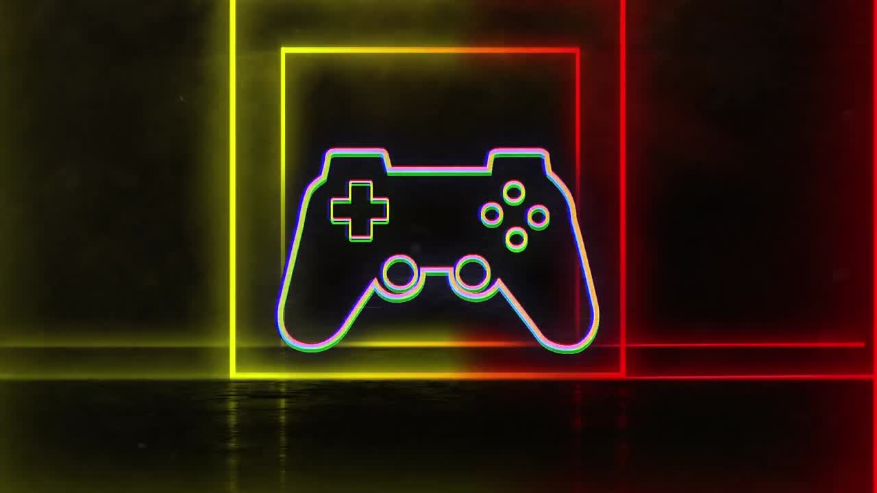 animazione di un pad per videogiochi al neon su un tunnel al neon quadrato luminoso