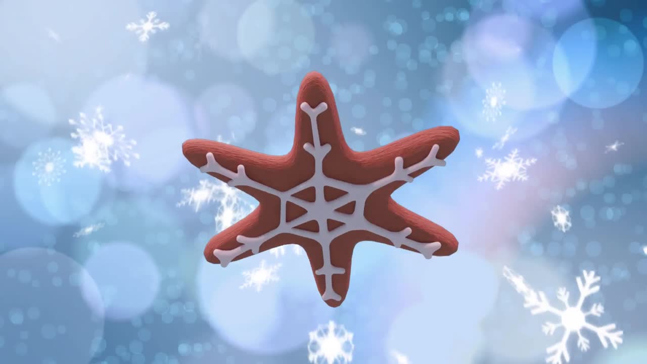 animación de la estrella de navidad galleta de pan de jengibre sobre la nieve cayendo y luces bokeh.