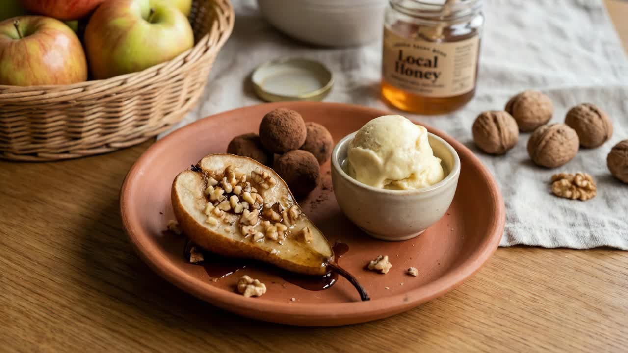 Pear dessert with ice cream and truffles
