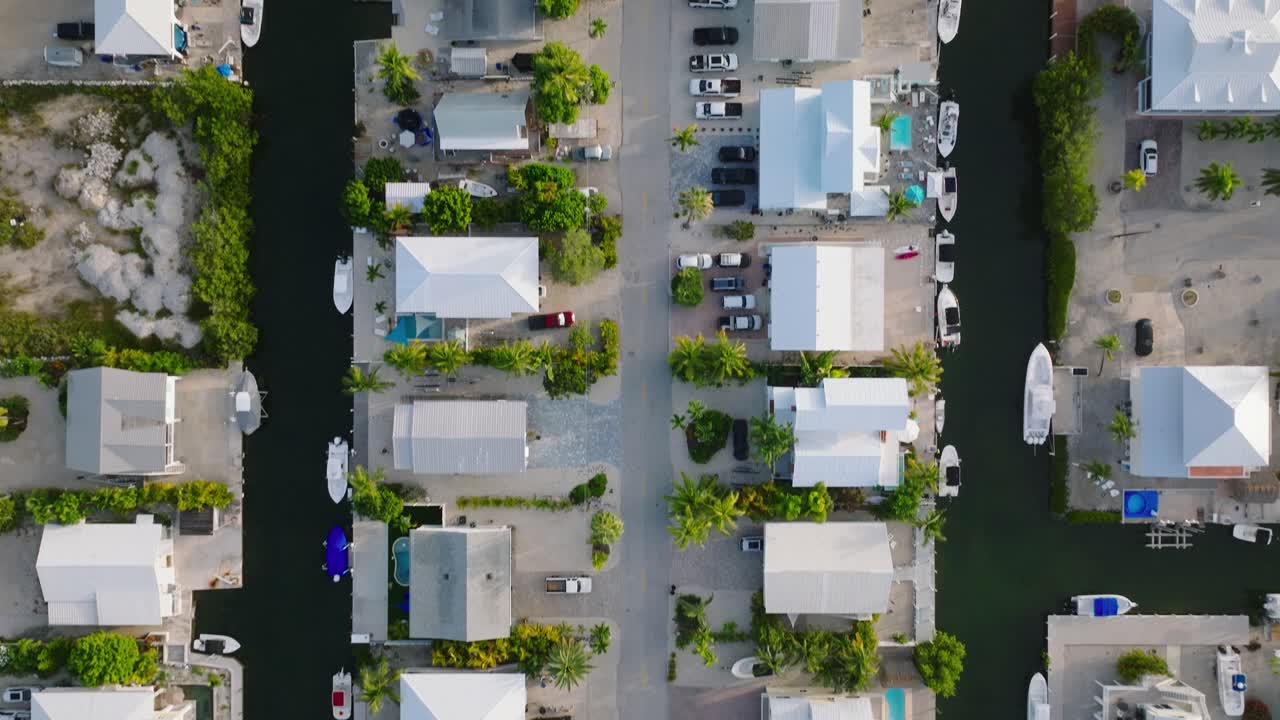Top down view of rows of waterfront houses in the Florida Keys