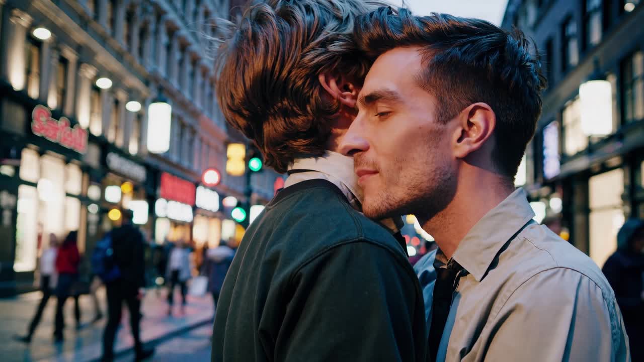 애정 있는 동성애자 커플 이 밤 에 도시 거리 에서 포옹 하고 있다