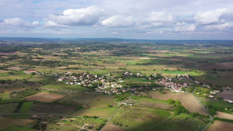 hermoso avión no tripulado rural disparado sobre los viñedos de la aldea de la campaña y el campo de cultivo