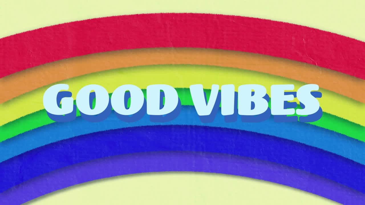 Digital animation av "good vibes"-text mot en bakgrund med regnbågseffekt