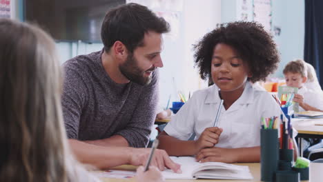 Maestra-De-Escuela-Primaria-Dando-Apoyo-Individualizado-A-Una-Alumna-En-Uniforme-En-El-Aula