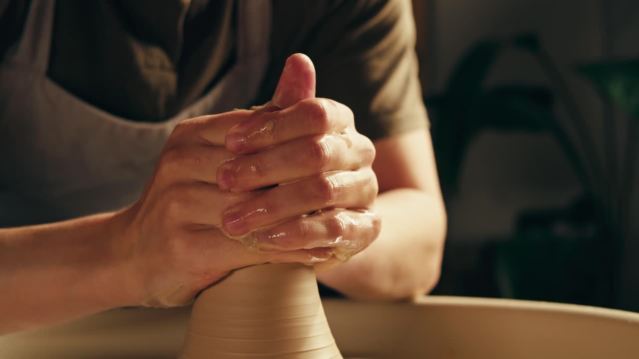 manos moldeando arcilla en una rueda de cerámica