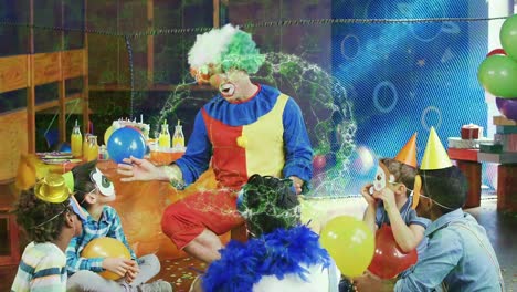 animación del cerebro digital sobre diversos niños y payaso en una fiesta de cumpleaños