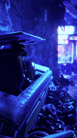 a trash bin in a dark alleyway lit by blue neon light