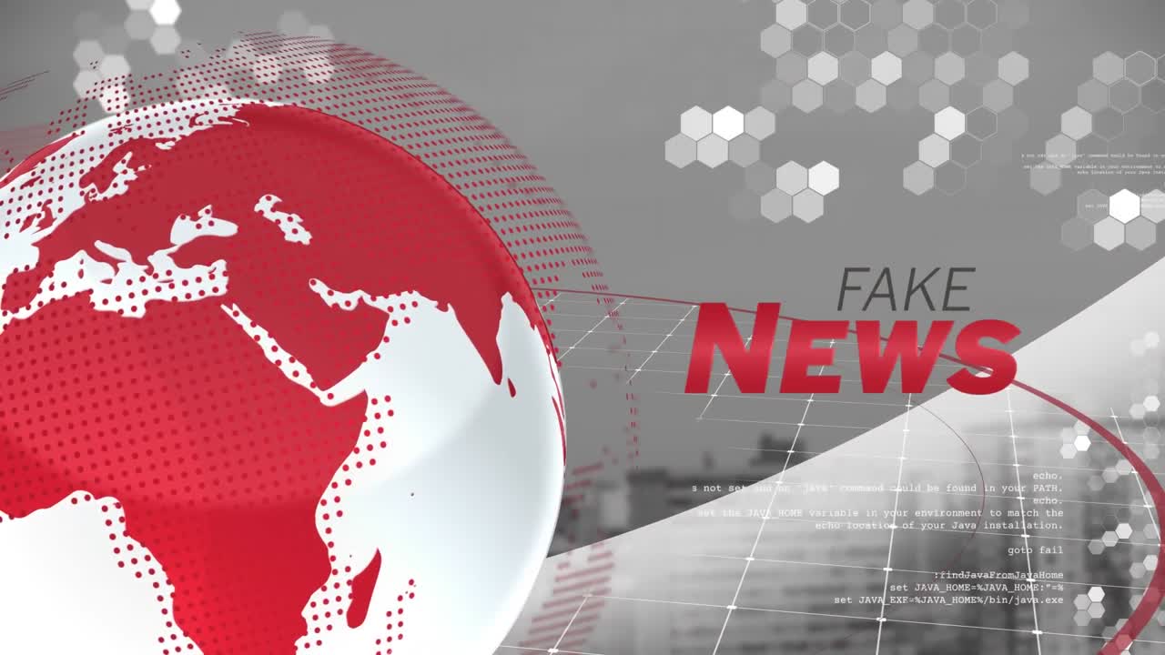 도시 풍경 위의 지구와 가짜 뉴스 텍스트의 애니메이션