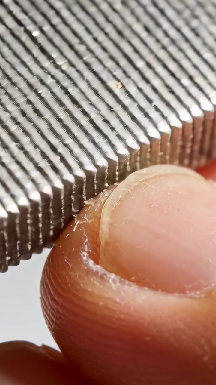 Vertical video: Placing ridged file on nail, hand filing thumb removing skin flakes at home