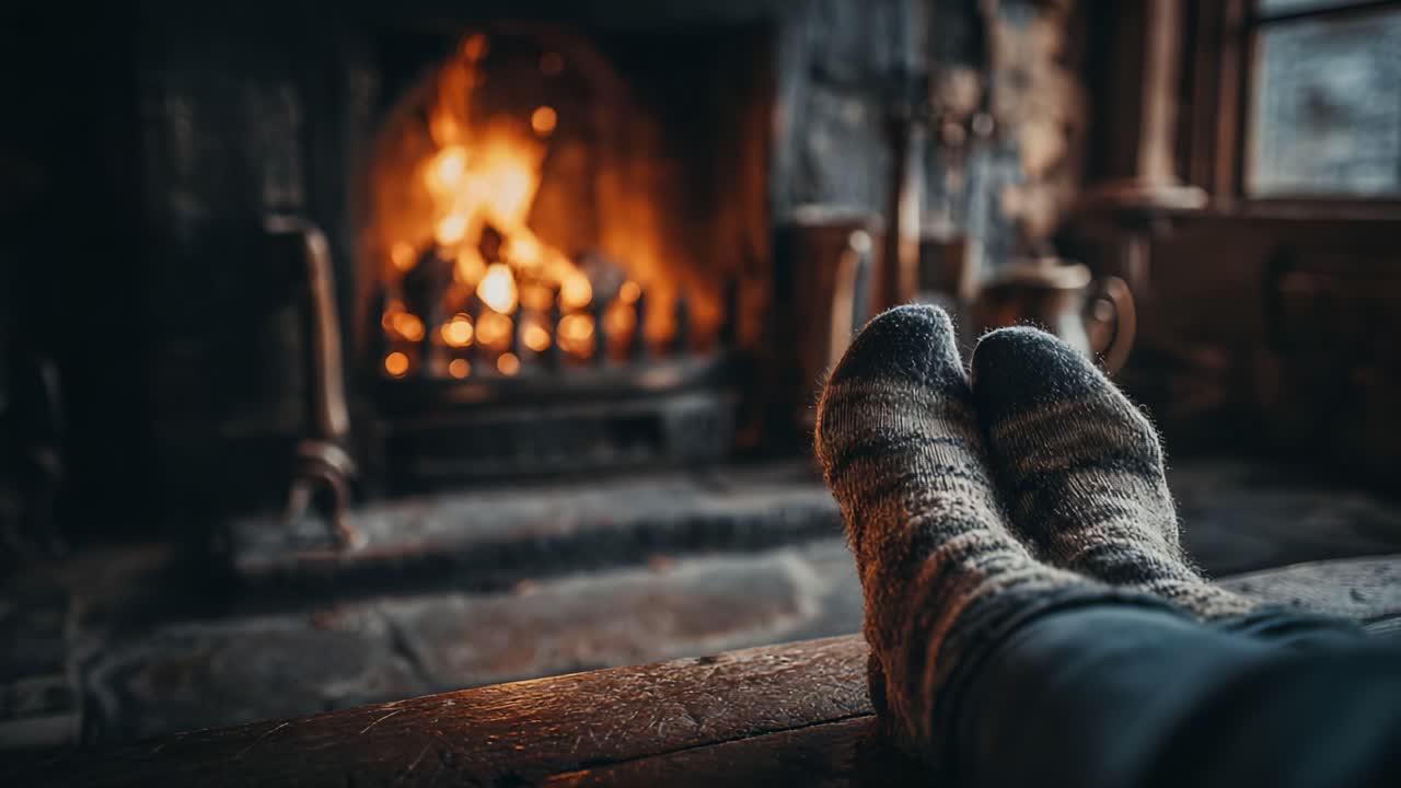 Cozy Moments by the Fireplace: A Serene Experience of Warmth and Comfort with Comfy Socks as the Perfect Companion for Relaxation and Reflection