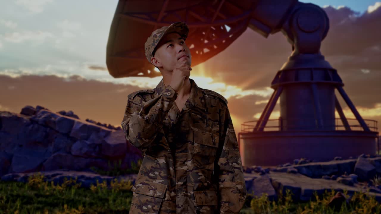 Asian Man Soldier Thinking About Something And Looking Around While Standing With Satellite Dish