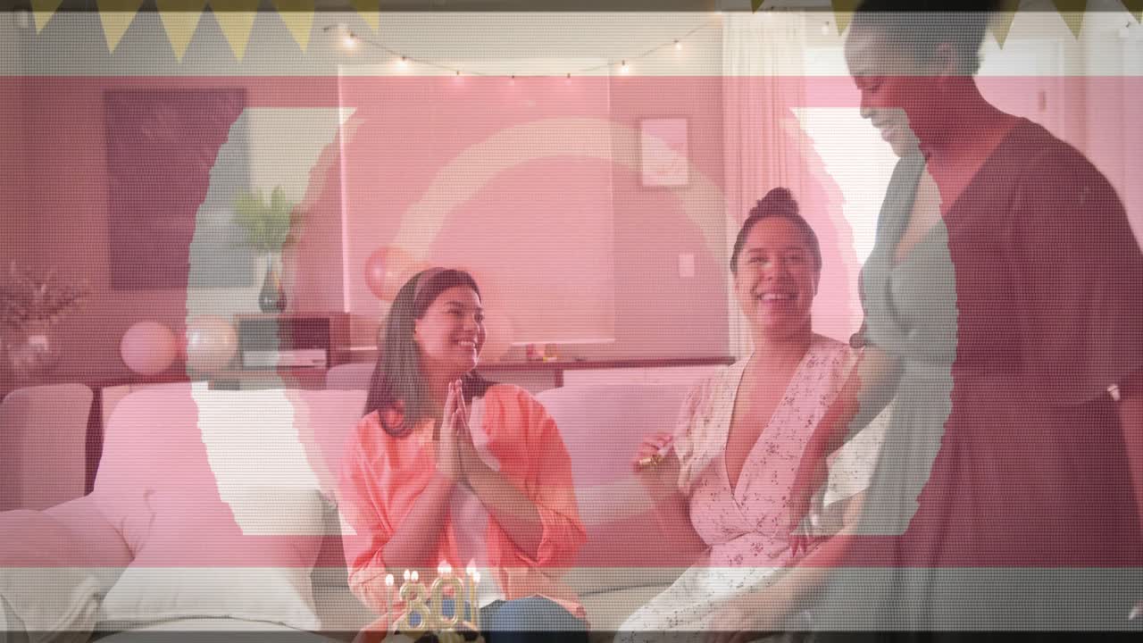 Presenter carrying cake toward guest, activating animated confetti, celebrating 30 for events