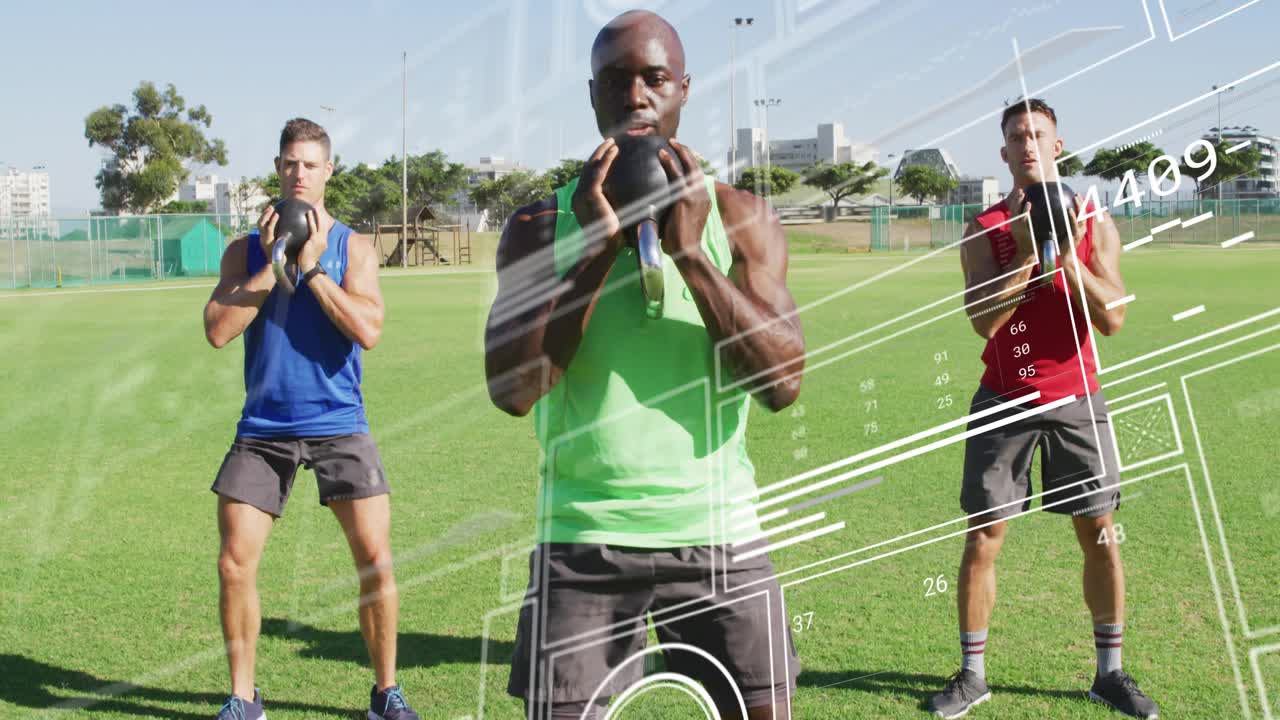 Coach initiating kettlebell squats, three men matching on grass field with HUD drifting for fitness