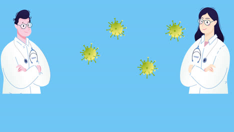 Animation-of-covid-19-virus-cells-and-doctor-icons-over-blue-background