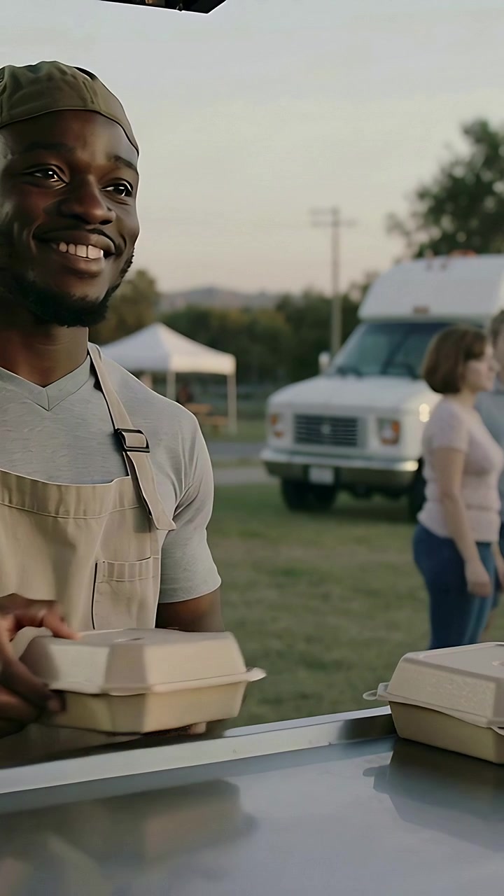Vertical video: Serving vendor reaching for beige boxes as customer waits at park, in cap and apron