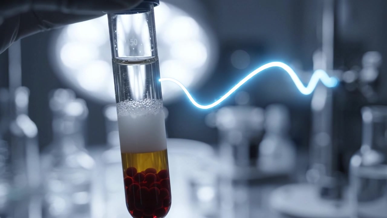 Laboratory Test Tube Experiment with Liquid Separation and Energy Flow Demonstrating Chemical Reaction in a Scientific Environment