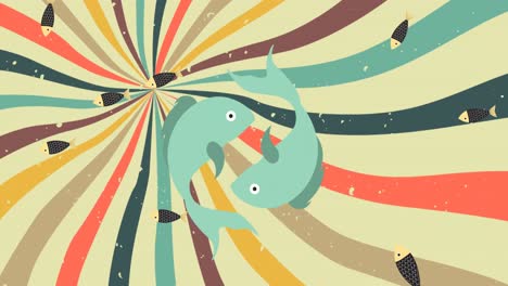 animation of two fish over small fish falling on colourful striped background