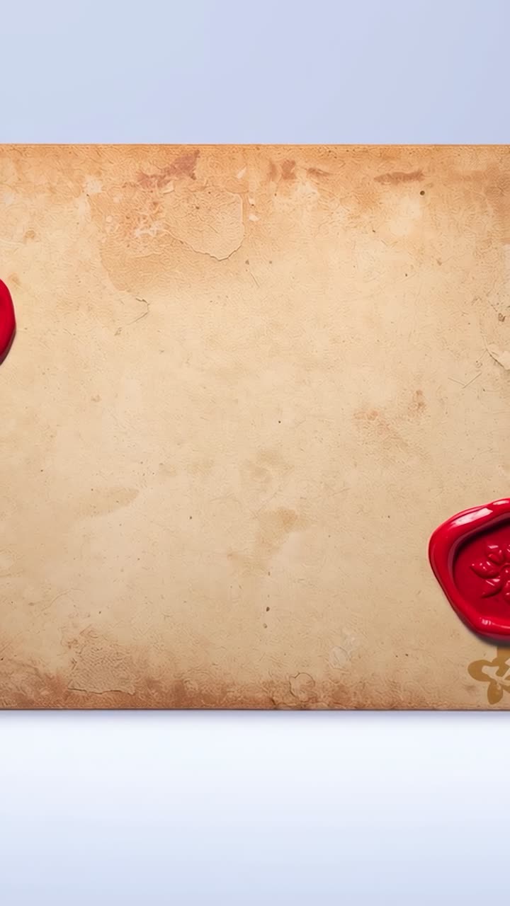 Video verticale: sigilli di ceralacca rossa scorrevoli che entrano dai bordi su uno sfondo da studio, decorando una pergamena antica