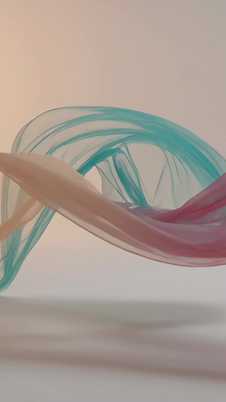 Vertical video: Unrolling at start, teal pink chiffon panels forming S-shaped waves on pale surface