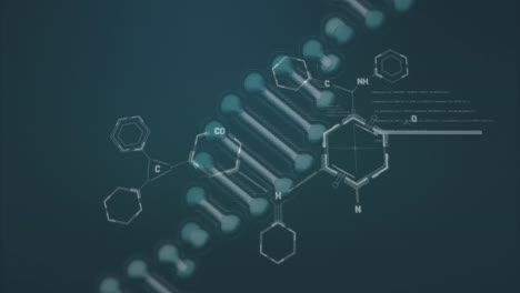 Animation-of-dna-strand-and-data-processing-with-chemical-formula-on-black-background