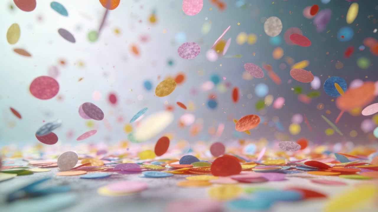 Dischi di coriandoli di carta multicolori che cadono sul tavolo, formando uno strato sottile.