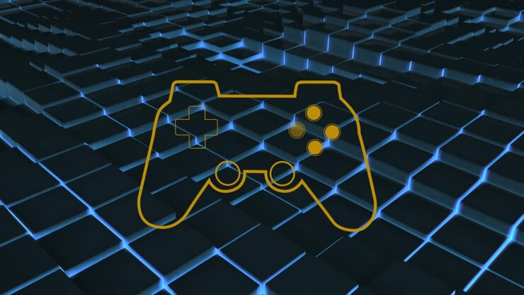 Animazione di un gamepad su quadrati blu luminosi.