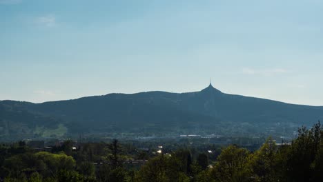 timelapse of liberec city in czech republic with jested tower in a background, static landscape view