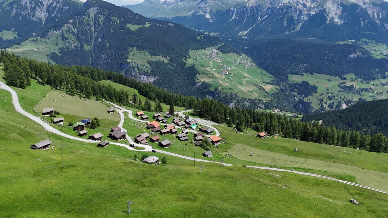 Aerial View of a Mountain Village in the Swiss Alps