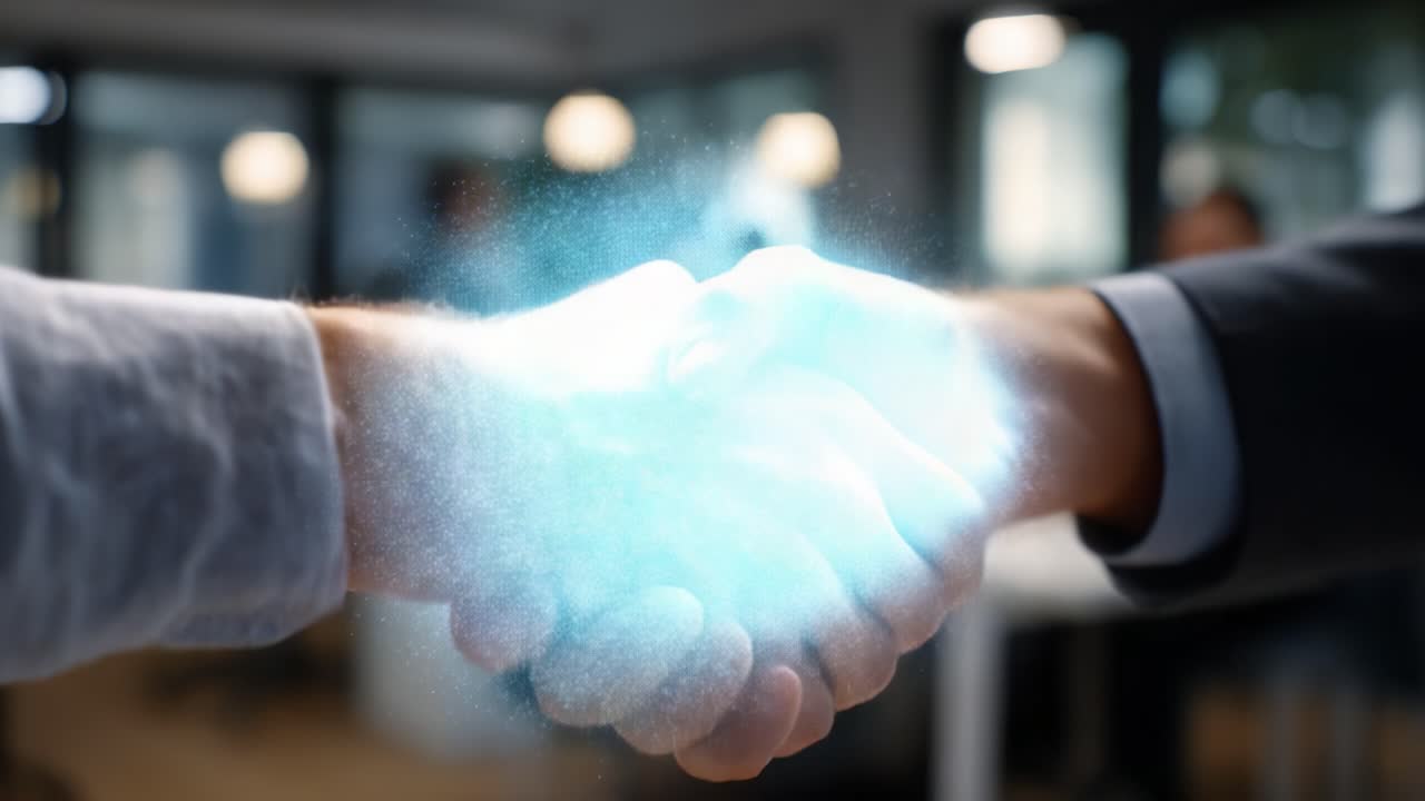 A Dynamic Collaboration: Two Hands Shaking with a Magical Glow, Symbolizing Partnership, Trust, and Innovative Connection in a Modern Work Environment