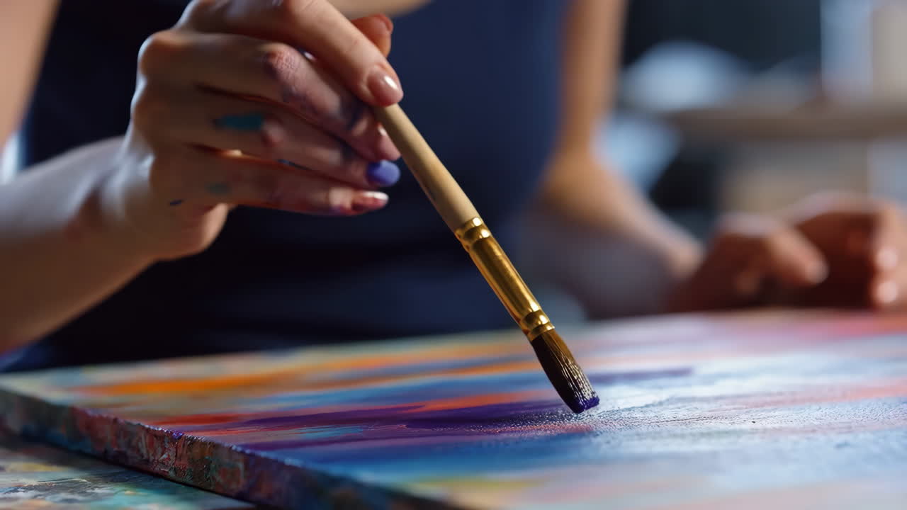 Close-up of an artist's hand painting on a colorful canvas