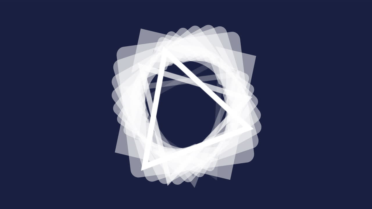 Animation of rotating white triangle with translucent squares on dark blue background