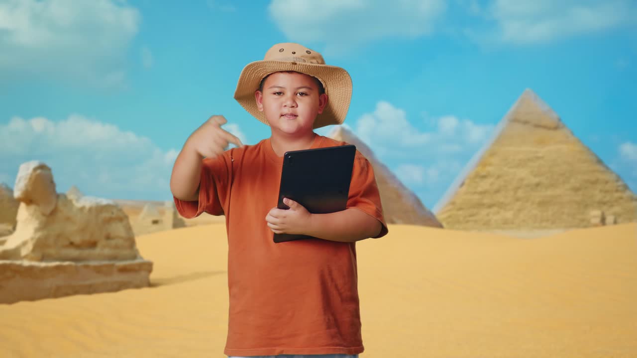 Asian Boy With A Hat Smiling And Pointing To A Tablet While Traveling In Giza Pyramid. Boy Researcher Examines Something, Travel Tourism Adventure Concept