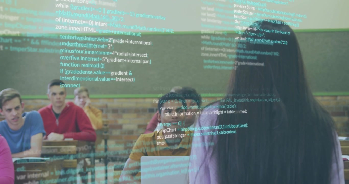 Instructor entering classroom front initiating scrolling code overlay illustrating coding lesson