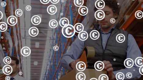 Animation-of-multiple-euro-symbols-over-caucasian-male-worker-packing-a-delivery-box-at-warehouse