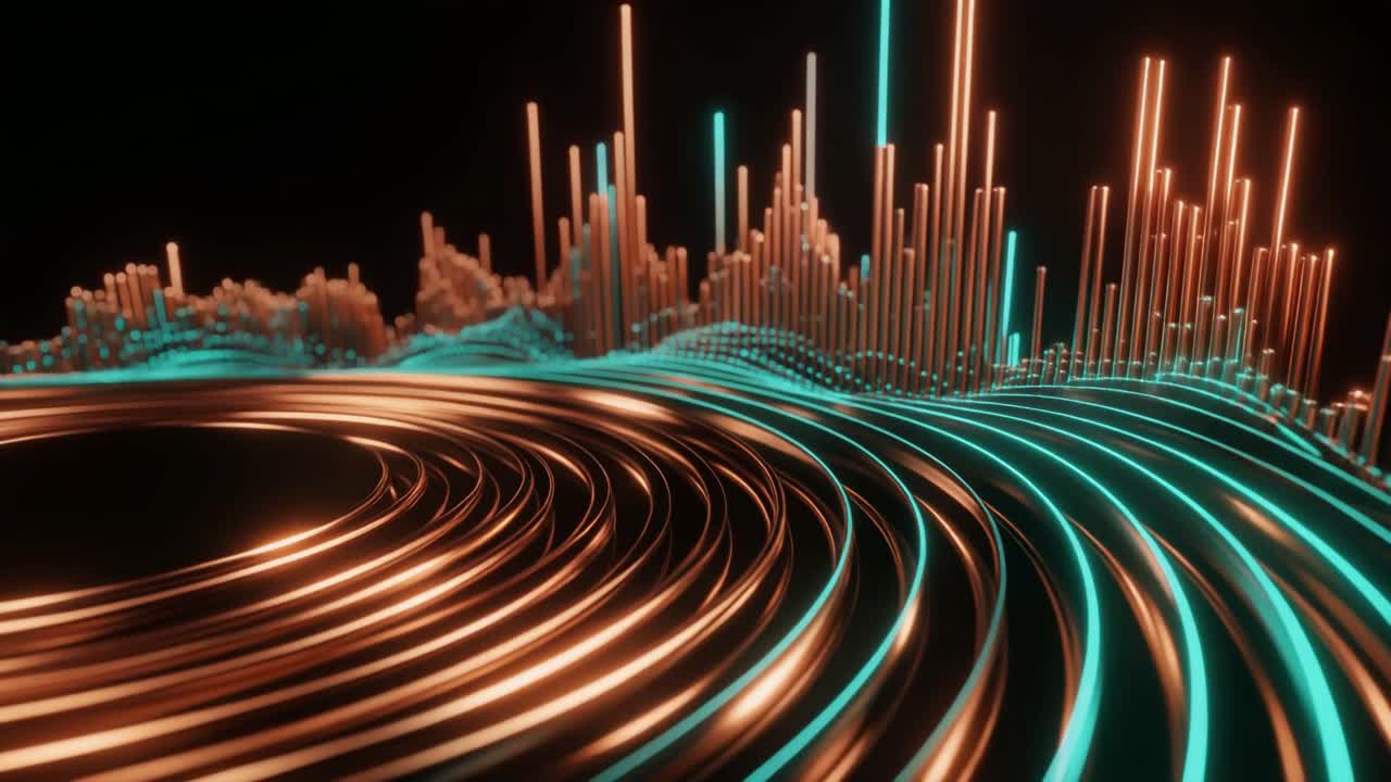 Dynamic Abstract Data Visualization with Glowing Orange and Teal Elements