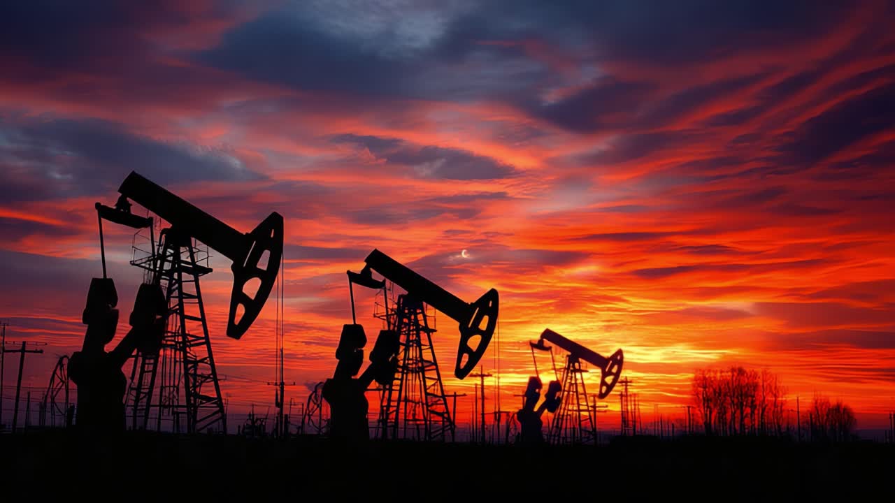 Silueta Dramática de Bombas Petroleras Contra un Cielo Vibrante al Atardecer, Resaltando la Interacción entre Industria y Naturaleza en una Escena Cautivadora