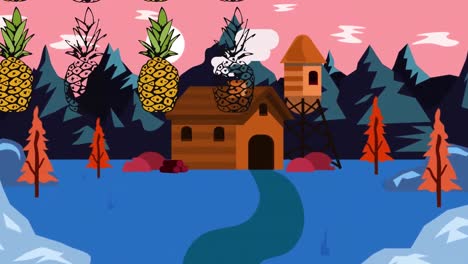 Animation-of-pineapples-over-drawing-of-houses-and-mountains-against-cloudy-sky