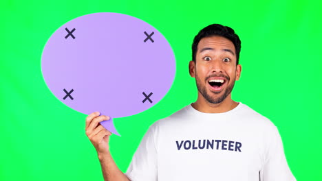 Asian-man,-speech-bubble-and-volunteer-in-surprise