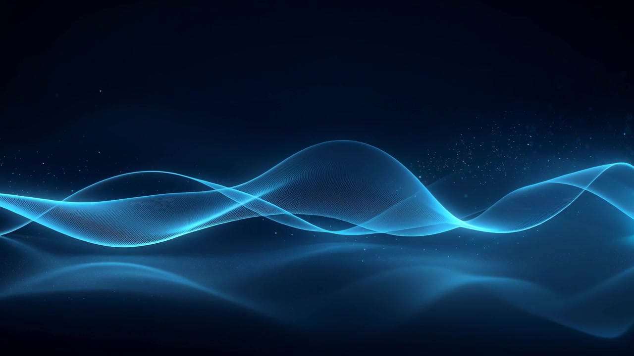 Pulsing ribbon wave moving rightward after pulse across deep navy, mirroring plane, particles
