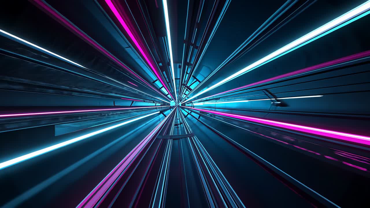 Initiating camera moving through corridor with light strips, metal panels, conduits, support beams