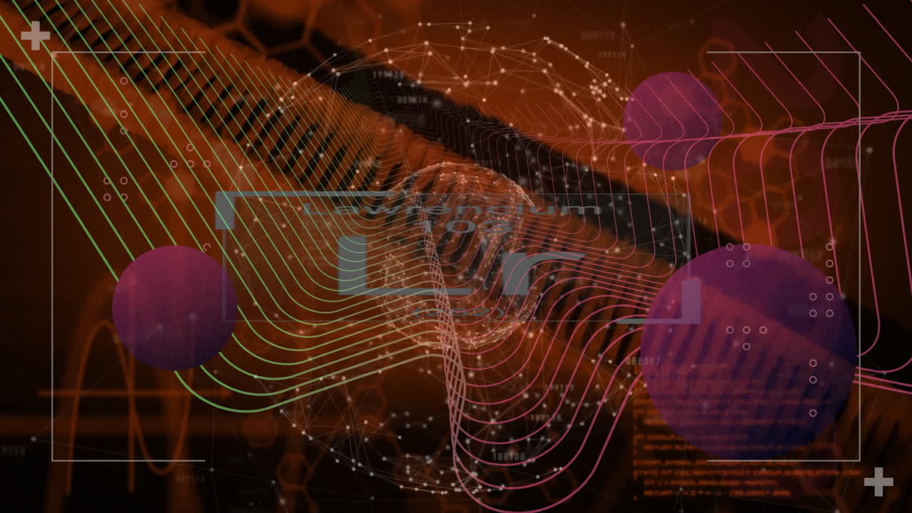 Animation of digital waveforms and geometric shapes on dark background