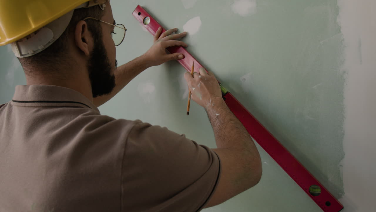 Construction worker leveling a drywall wall