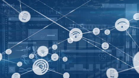 animation of network of connections with icons and data processing over computer servers