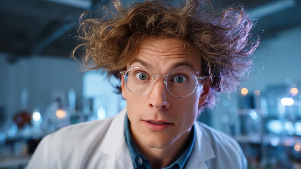 A Surprised Scientist with Unkempt Hair and Glasses Experiments in a Laboratory Setting, Capturing the Essence of Discovery and the Unexpected